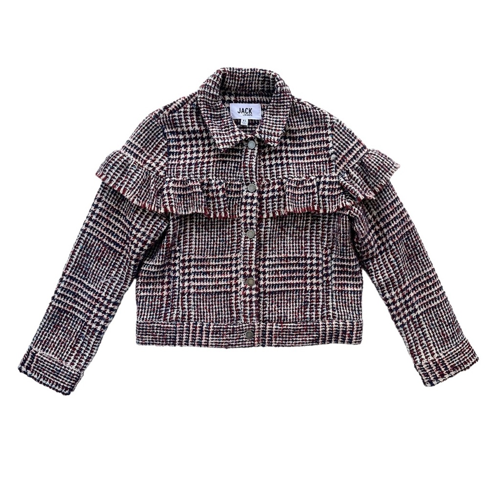Jack By BB Dakota Women’s Size XS Red Navy Cream Tweed Ruffle Crop Blazer Jacket